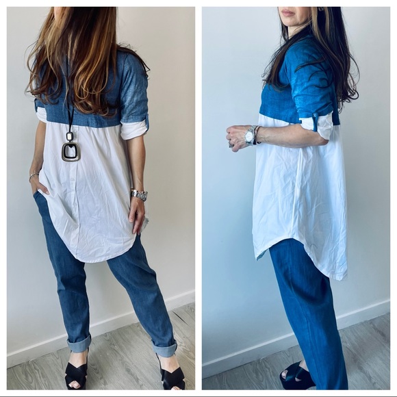 ✨LAST✨MADE IN ITALY FABULOUS JEAN/WHITE TUNIC TOP - Picture 2 of 5